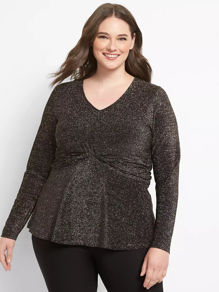 Lane Bryant Plus Size Shimmer Metallic Twist-Front Peplum V-Neck Top Size 26/28